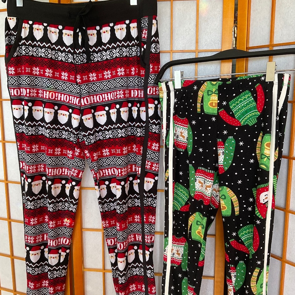 Two fun pairs of stretchy Christmas pants for the price of one